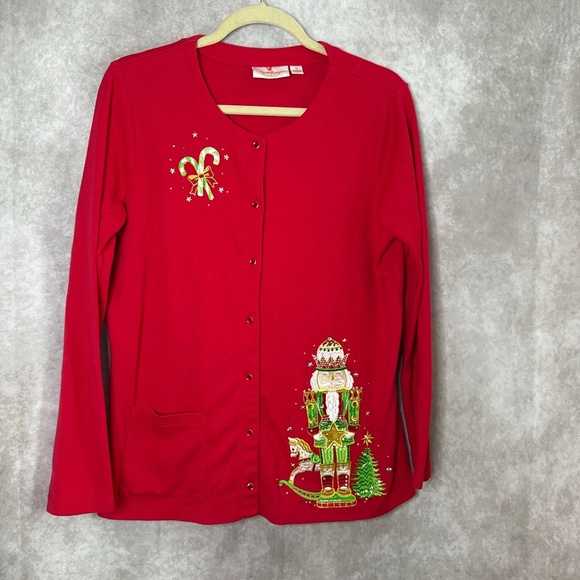 Quaker Factory Snap Front Cardigan Christmas Nutcracker Embroidered Size M Red - Picture 1 of 8